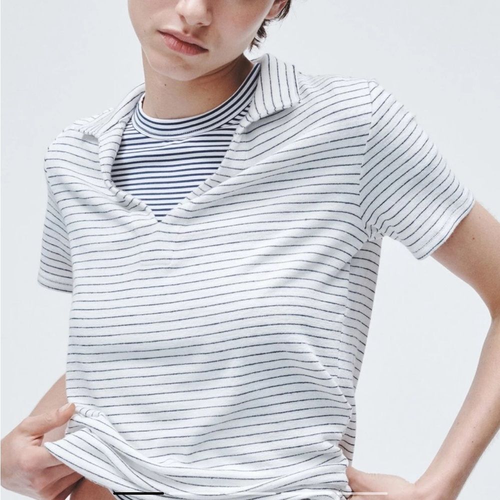 Rag & Bone knit polo shirt (white with black stripes).  Size small.  EUC